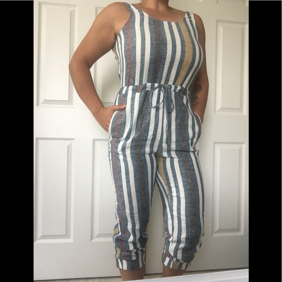 DrewMustard Teal Stripe Tie Waist Jumpsuit